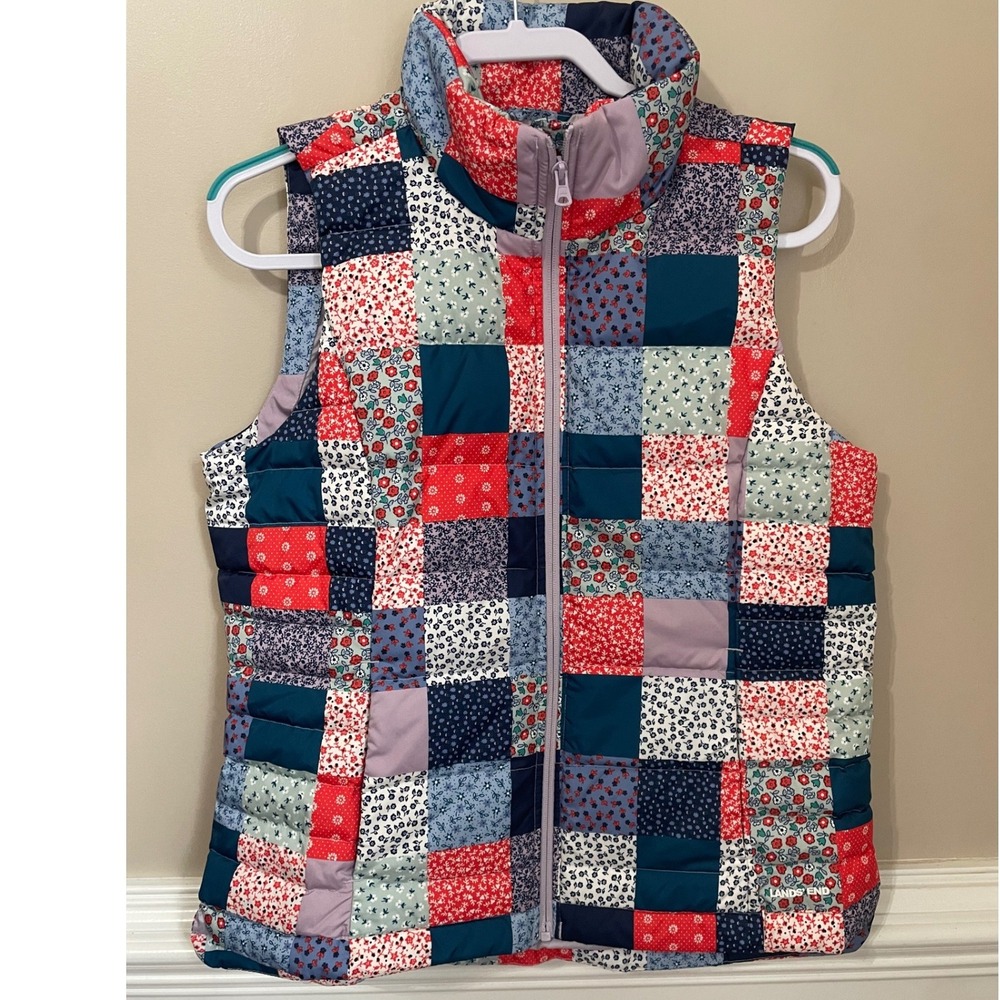 Lands End Womens M 10-12 Quilt Patchwork Goose Down Puffer Vest Floral Multi
